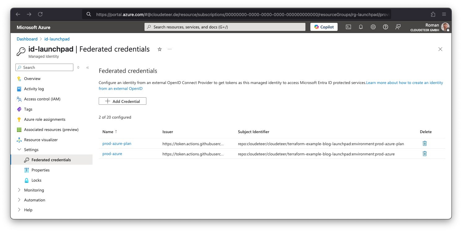Screenshot of the Azure portal interface showing the configuration of Managed Identities and Federated Credentials.