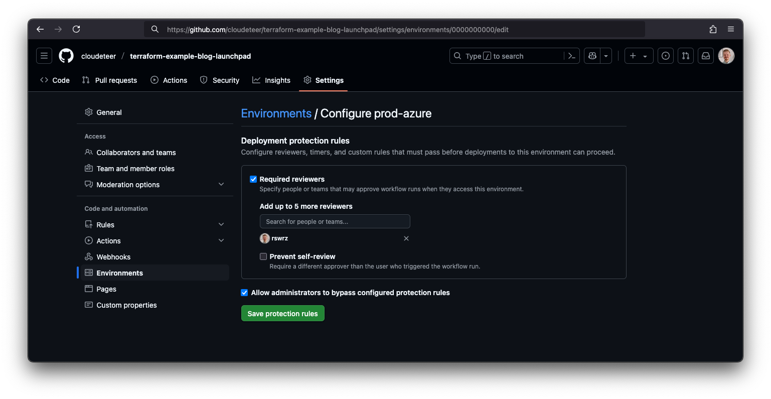 Screenshot of the GitHub environment settings with Deployment Protection Rules for the  environment.