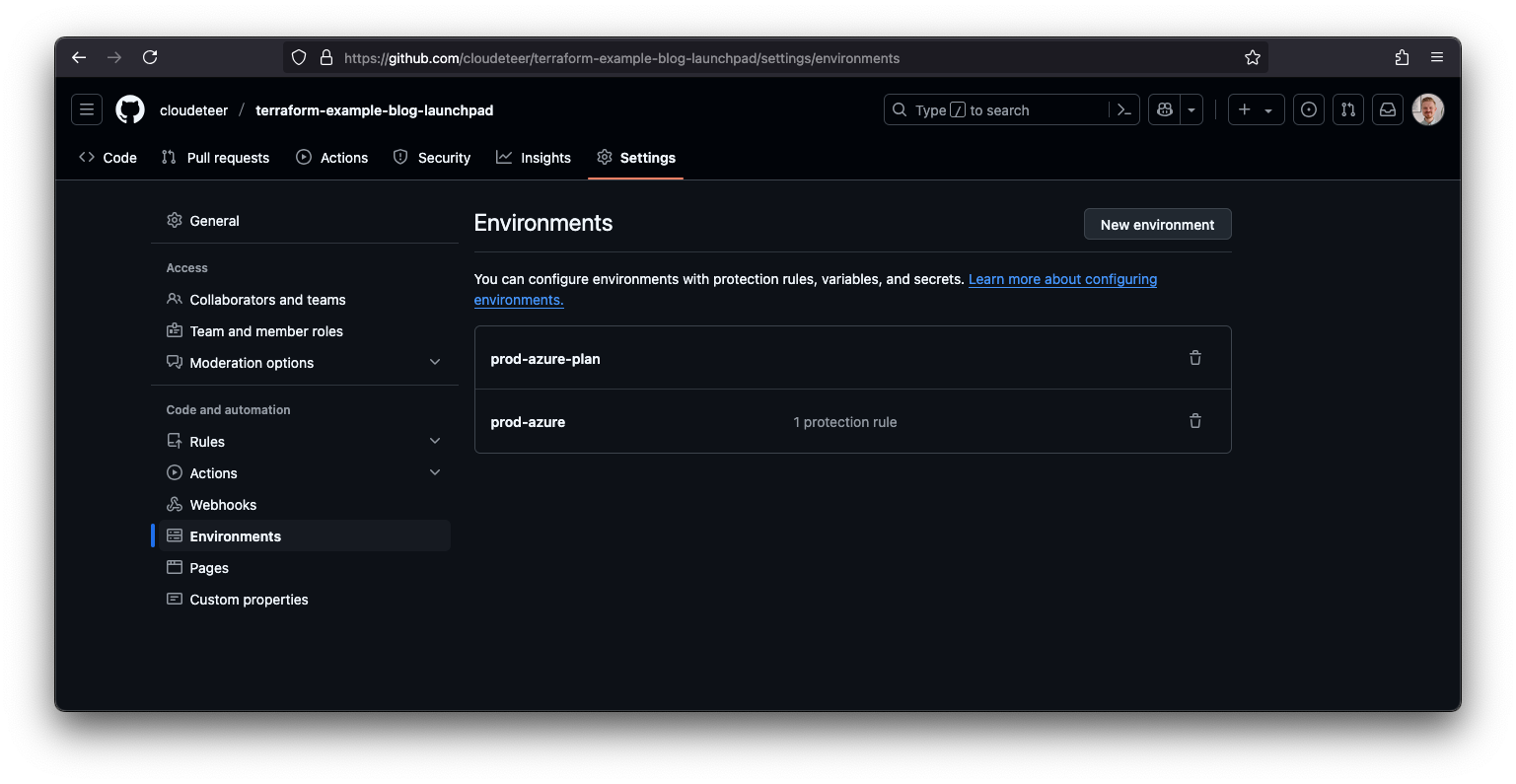 Screenshot of the GitHub repository settings with a list of environments.