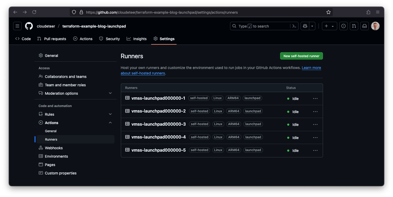 Screenshot showing successfully registered private GitHub runners in the GitHub web UI under Settings > Actions > Runners.